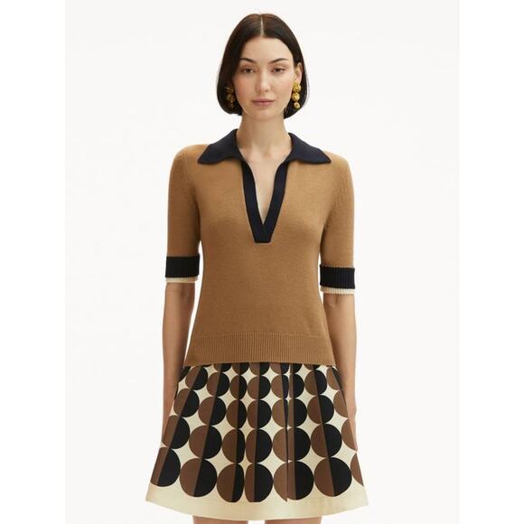 OSCAR DE LA RENTA Short Sleeve Color Block Pullover Top in Walnut Navy L - Picture 1 of 5